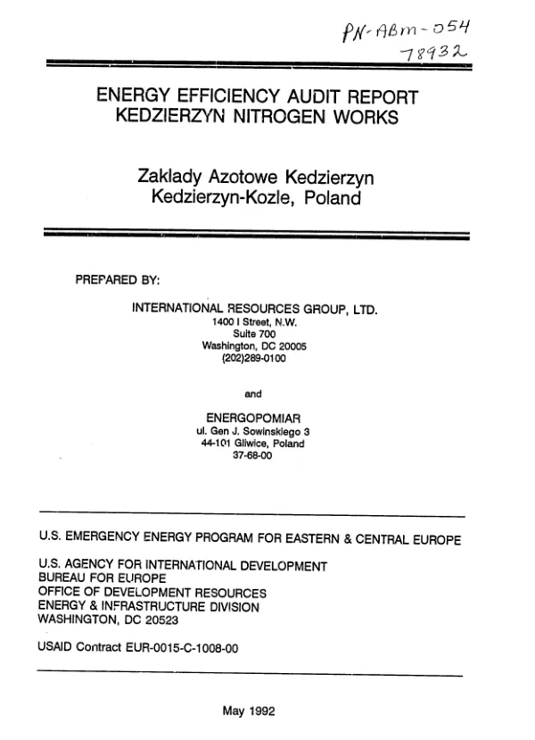 Energy efficiency audit report : Kedzierzyn Nitrogen Works -- Zaklady Azotowe Kedzierzyn, Kedzierzyn - Kozle, Poland