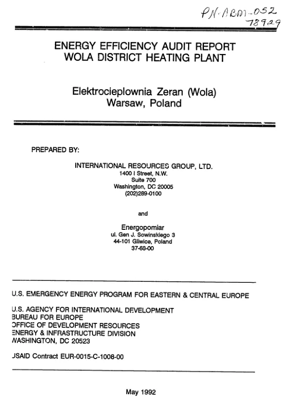 Energy efficiency audit report : Wola District Heating Plant, Elektrocieplownia Zeran (Wola), Warsaw, Poland