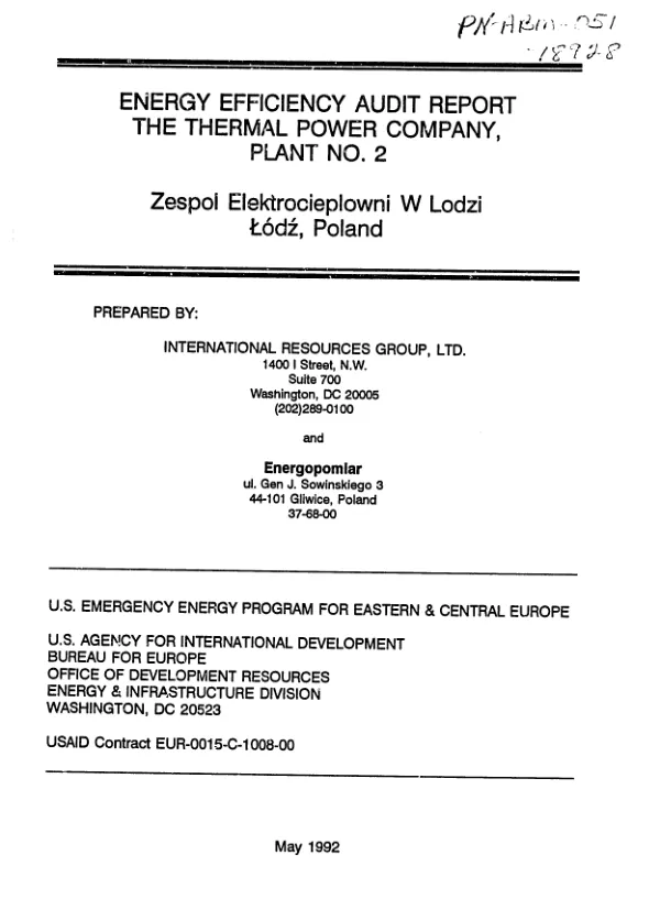 Energy efficiency audit report : the Thermal Power Company, plant no. 2 -- Zespol Elektrocieplowni W Lodzi, Lodz, Poland