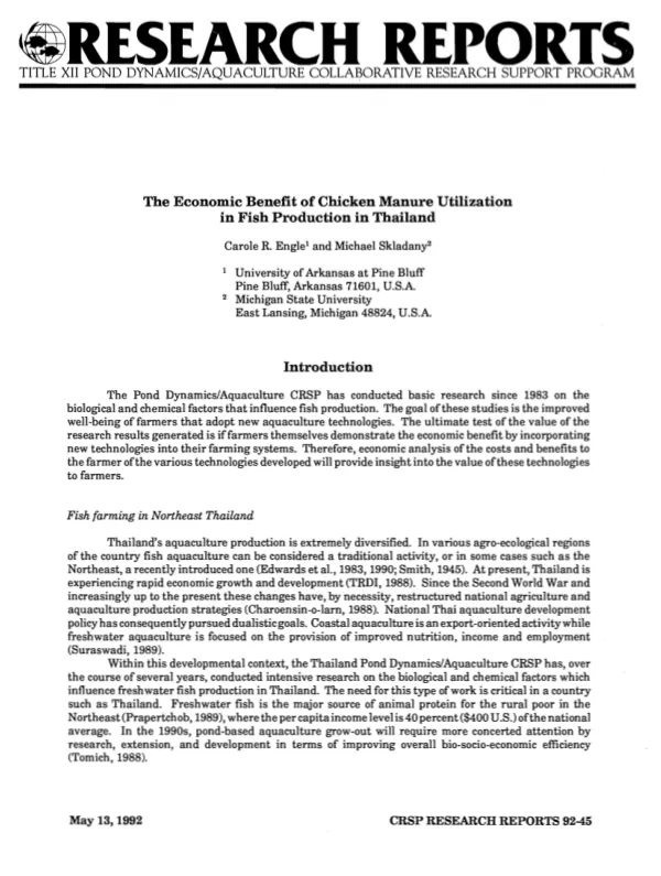 Economic benefit of chicken manure utilization in fish production in Thailand