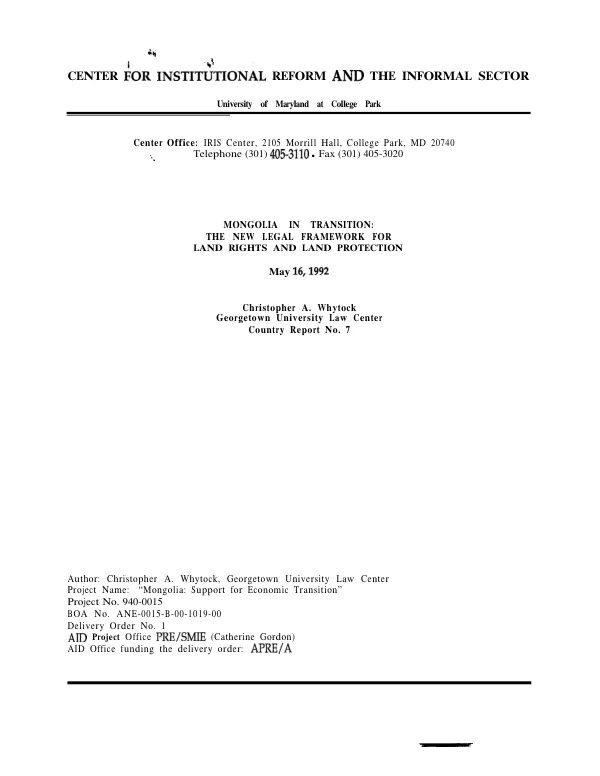 Mongolia in transition : the new legal framework for land rights and land protection