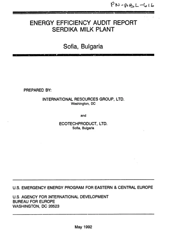 Energy efficiency audit report : Serdika Milk Plant, Sofia, Bulgaria