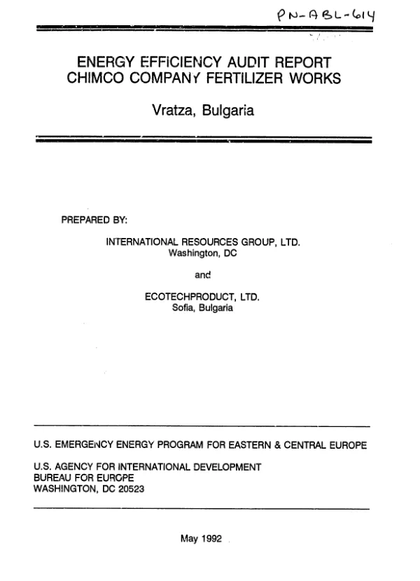 Energy efficiency audit report : Chimco Company Fertilizer Works, Vratza, Bulgaria