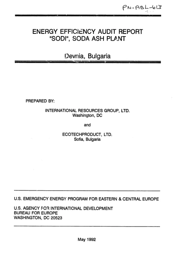 Energy efficiency audit report : `Sodi", Soda Ash Plant, Devnia, Bulgaria
