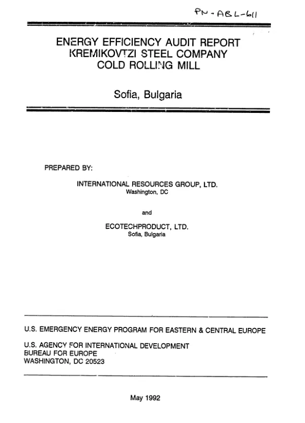 Energy efficiency audit report : Kremikovtzi Steel Company, Cold Rolling Mill, Sofia, Bulgaria