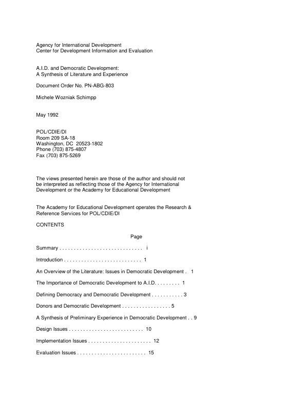 AID and democratic development : a synthesis of literature and experience