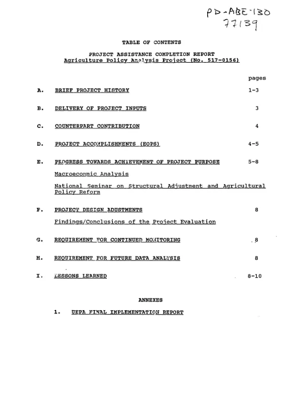 Project assistance completion report : agriculture policy analysis project (no. 517-0156)