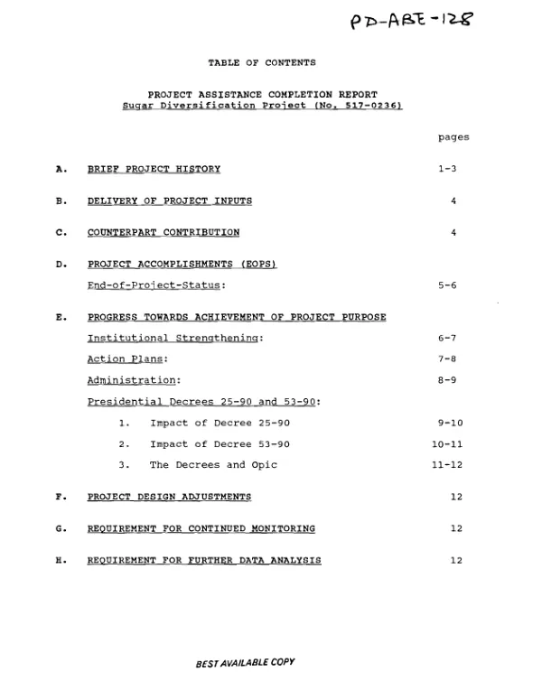 Project assistance completion report : sugar diversification project (no. 517-0236)