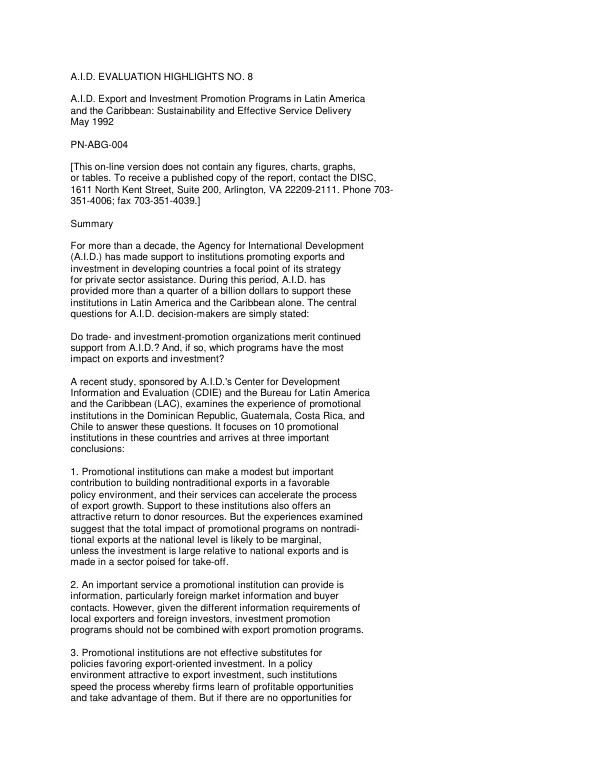 AID export and investment promotion programs in Latin America and the Caribbean : sustainability and effective service delivery [-- summary]