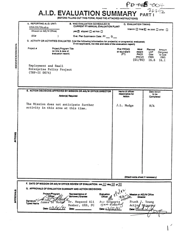 Employment and small enterprise policy project (TRP-II 0074)