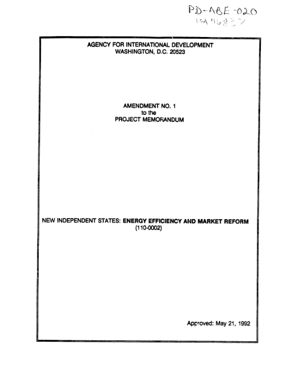 Amendment no. 1 to the project memorandum : New Independent States -- energy efficiency and market reform (110-0002)