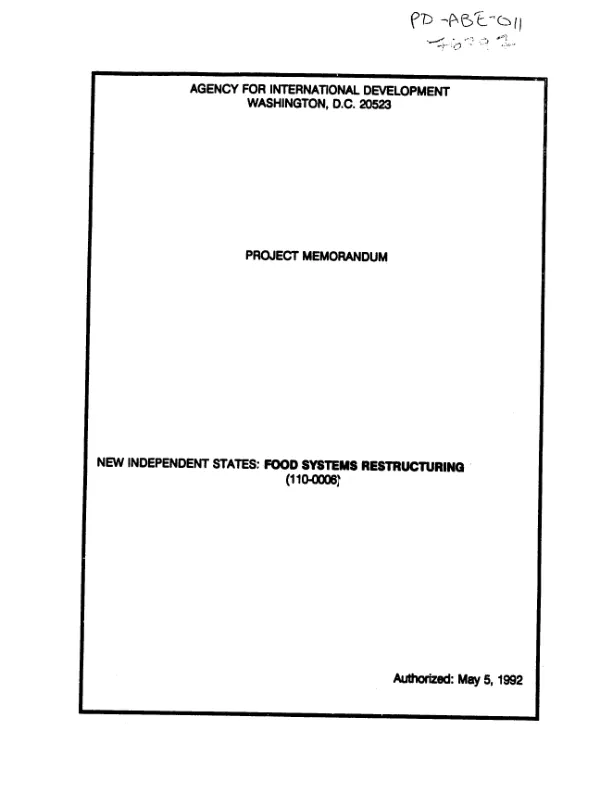 Project memorandum : New Independent States -- food systems restructuring (110-0006)