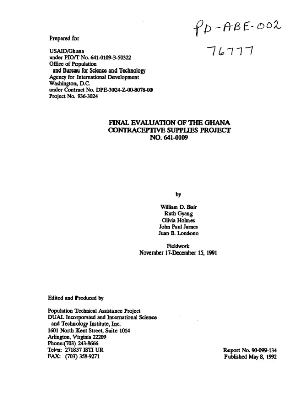 Final evaluation of the Ghana contraceptive supplies project, no. 641-0109