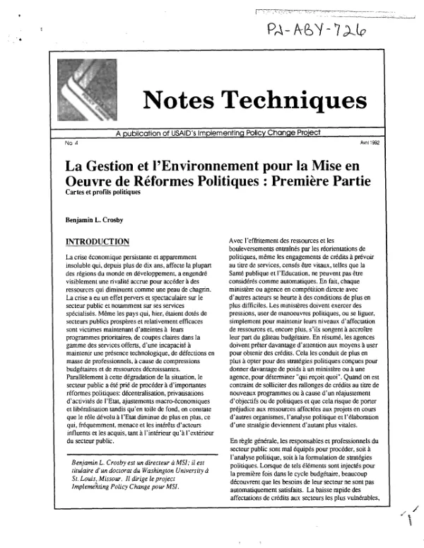 Gestion et l"environnement pour la mise en oeuvre de reformes politiques : premiere partie -- cartes et profils politiques