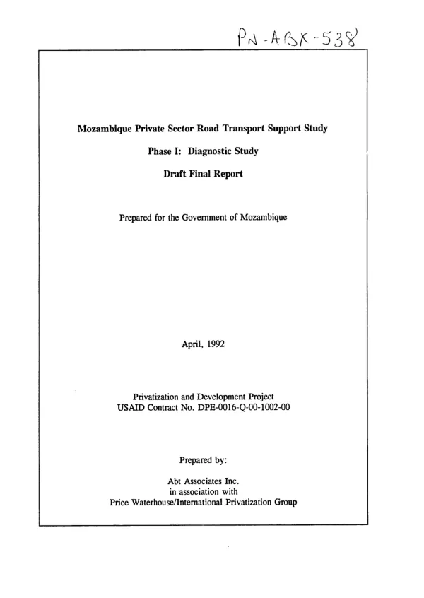 Mozambique private sector road transport support study -- phase I : diagnostic study -- draft final report