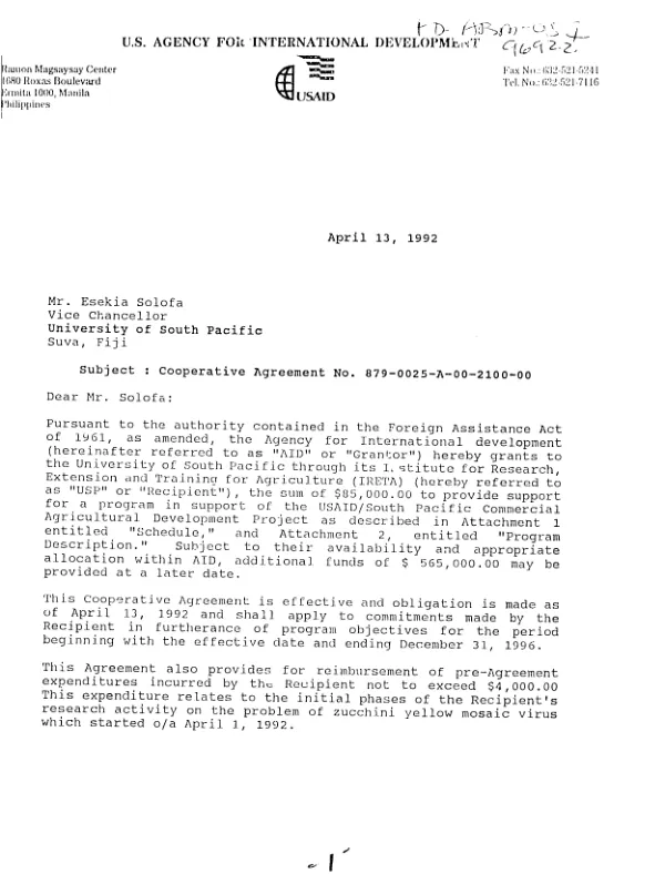 AID cooperative agreement no. 879-0025-A-00-2100-00 with the University of South Pacific in support of the USAID/South Pacific commercial agricultural development project