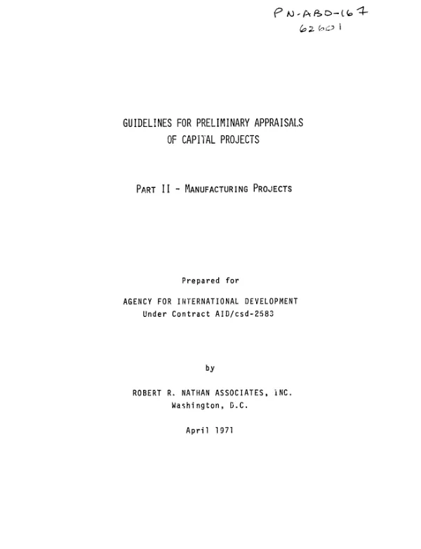 Guidelines for preliminary appraisals of capital projects : part II - manufacturing projects