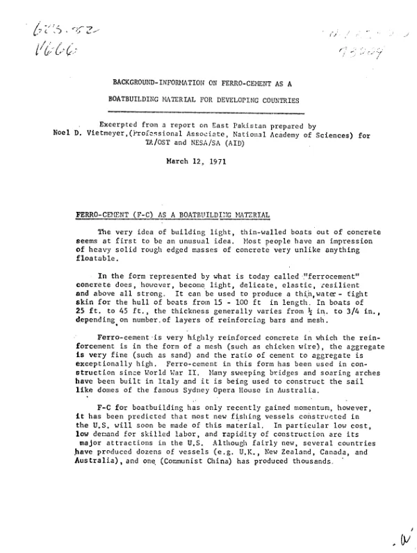 Background - information on ferro - cement as a boatbuilding material for developing countries