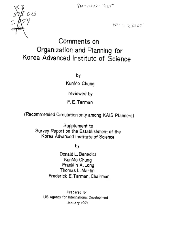 COMMENTS ON ORGANIZATION AND PLANNING FOR KOREA ADVANCED INSTITUTE OF SCIENCE.
