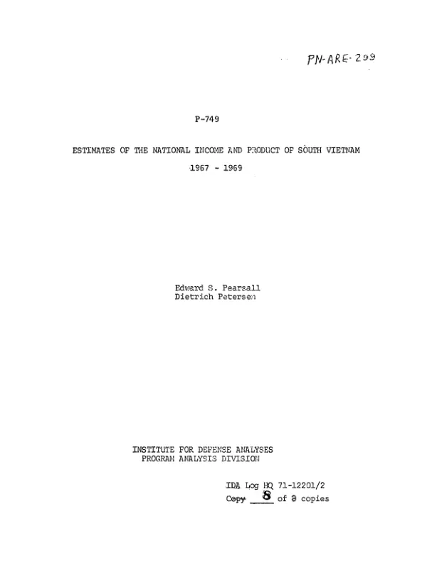 Estimates of the national income and product of South Vietnam 1967-1969
