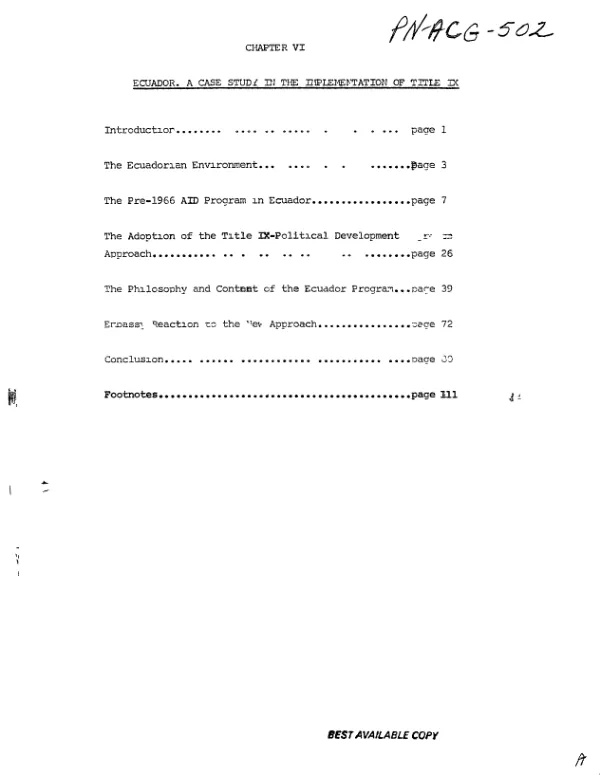 Chapter VI : Ecuador -- a case study in the implementation of Title IX [1966 Foreign Assistance Act]