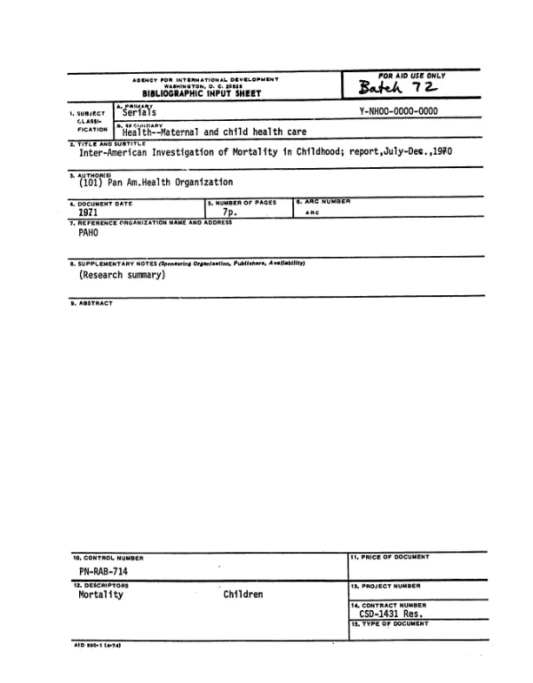 INTER-AMERICAN INVESTIGATION OF MORTALITY IN CHILDHOOD; REPORT, JULY-DEC., 1970