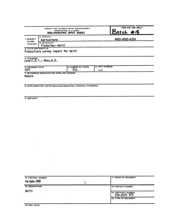 FISHCULTURE SURVEY REPORT FOR HAITI