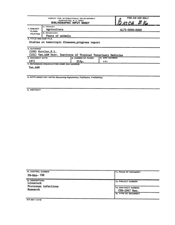 STUDIES ON HEMOTROPIC DISEASES, PROGRESS REPORT