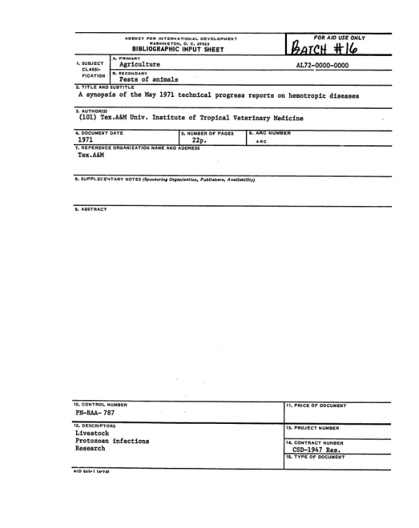SYNOPSIS OF THE MAY 1971 TECHNICAL PROGRESS REPORT ON HEMOTROPIC DISEASES
