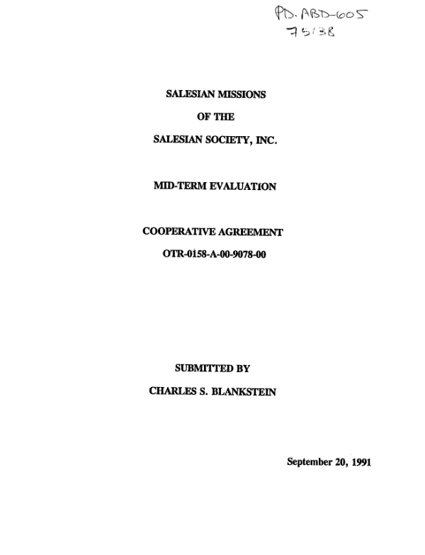 Salesian Missions of the Salesian Society, Inc. : mid-term evaluation -- cooperative agreement OTR-0158-A-00-9078-00