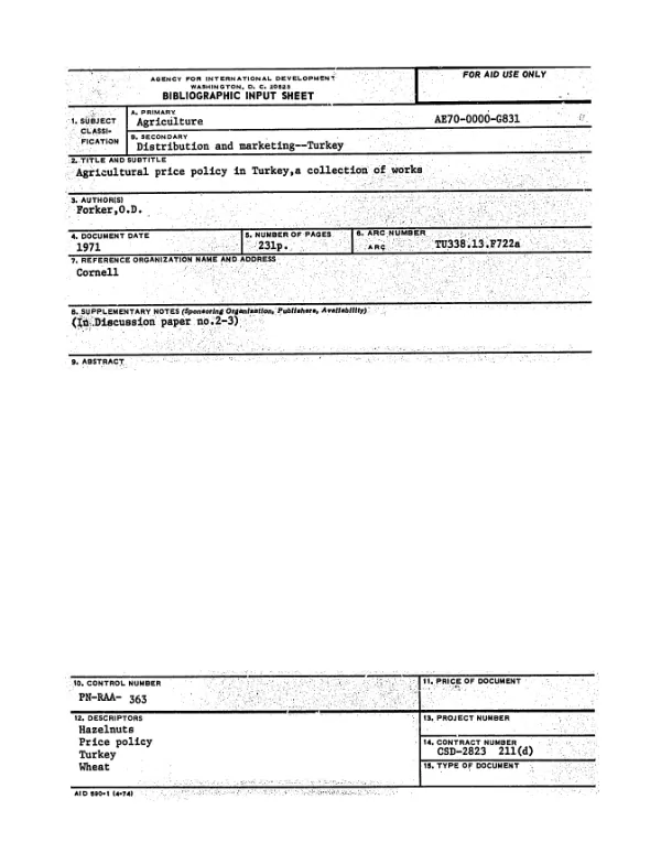 AGRICULTURAL PRICE POLICY IN TURKEY, A COLLECTION OF WORKS