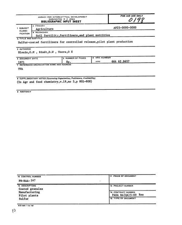 SULFUR - COATED FERTILIZERS FOR CONTROLLED RELEASE, PILOT PLANT PRODUCTION