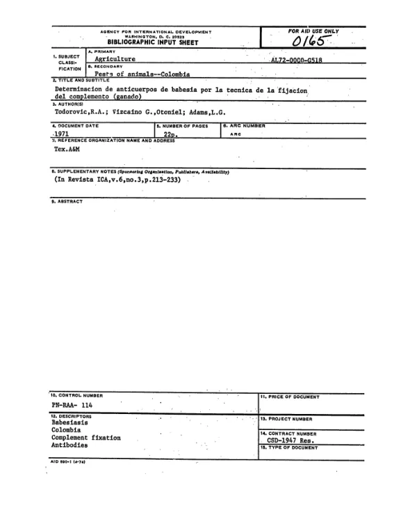 DETERMINACION DE ANTICUERPOS DE BABESIA POR LA TECNICA DE LA FIJACION DEL COMPLEMENTO (GANADO)