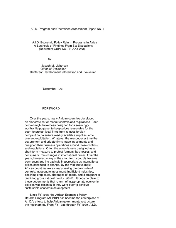 AID economic policy reform programs in Africa : a synthesis of findings from six evaluations