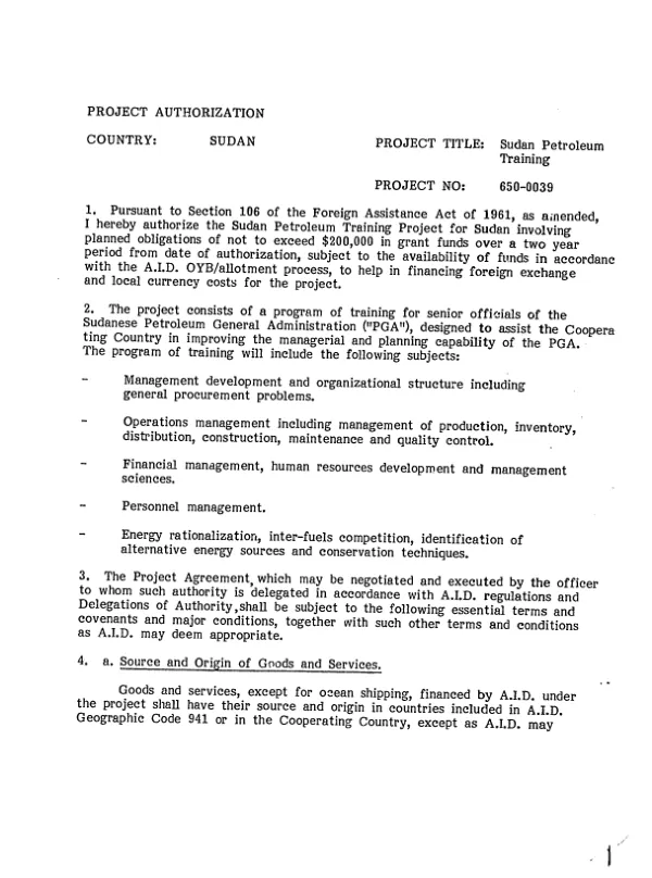 Project authorization : Sudan petroleum training