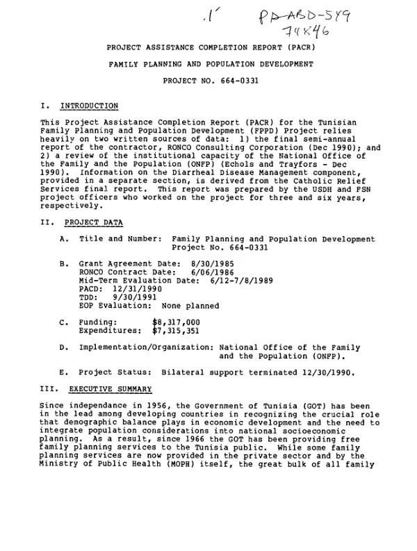 Project assistance completion report [PACR] : family planning and population development, project no. 664-0331