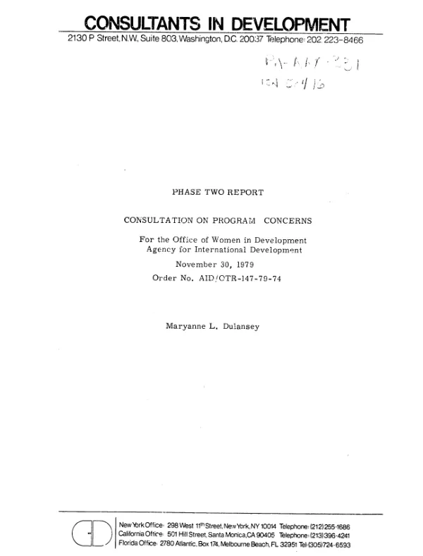 Phase two report : consultation on program concerns for the Office of Women in Development, Agency for International Development