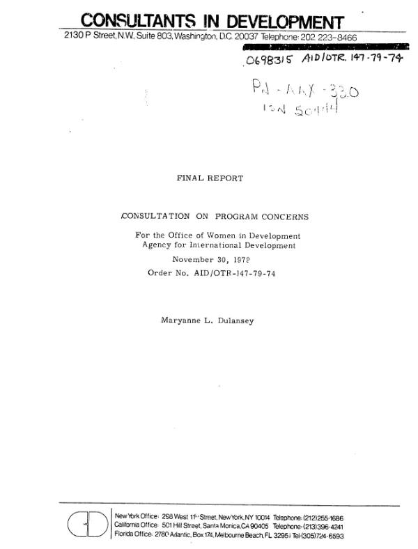 Final report : consultation on program concerns for the Office of Women in Development, Agency for International Development