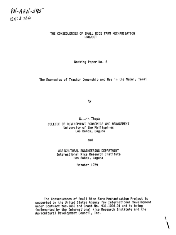 Economics of tractor ownership and use in the Nepal, Terai