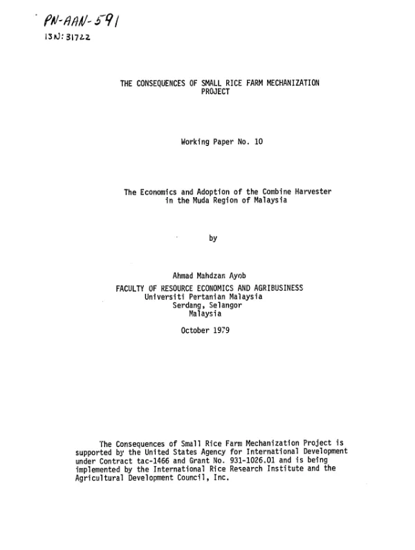 Economics and adoption of the combine harvester in the Muda region of Malaysia