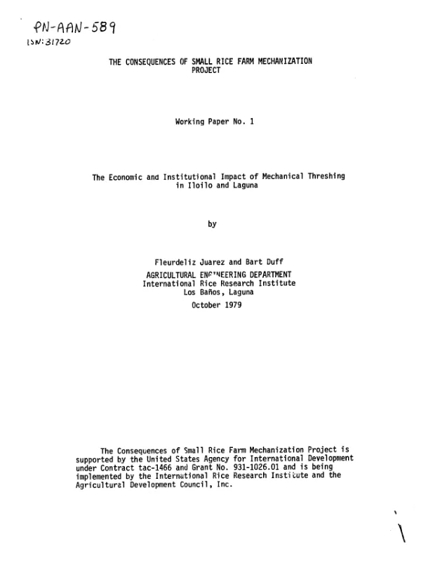 Economic and institutional impact of mechanical threshing in Iloilo and Laguna