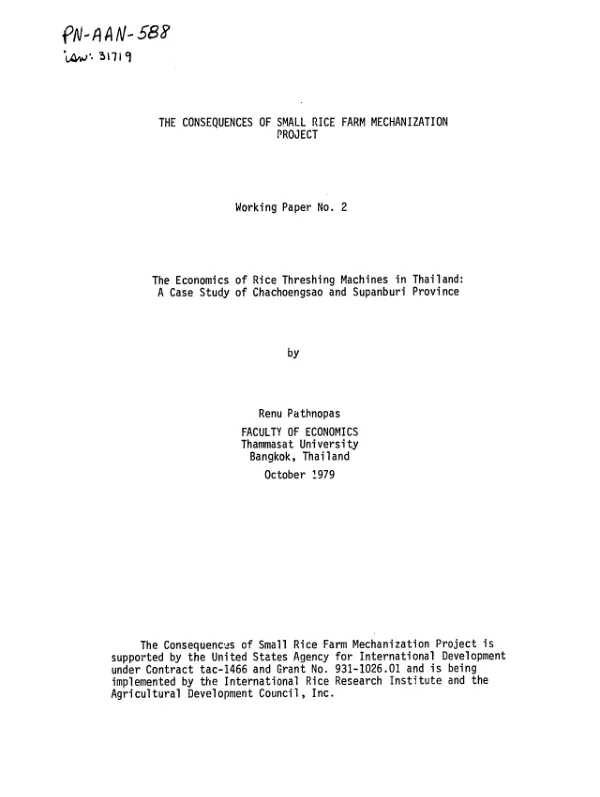 Economics of rice threshing machines in Thailand : a case study of Chachoengsao and Supanburi Province