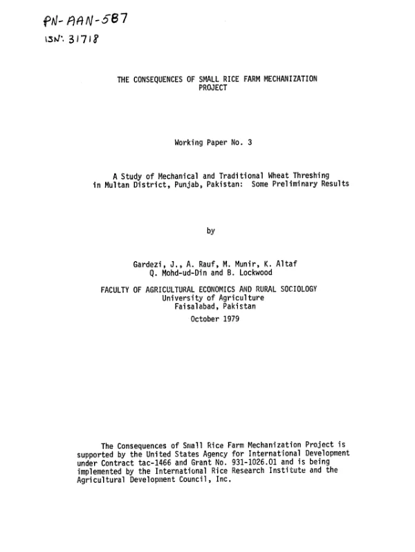 Study of mechanical and traditional wheat threshing in Multan district, Punjab, Pakistan : some preliminary results