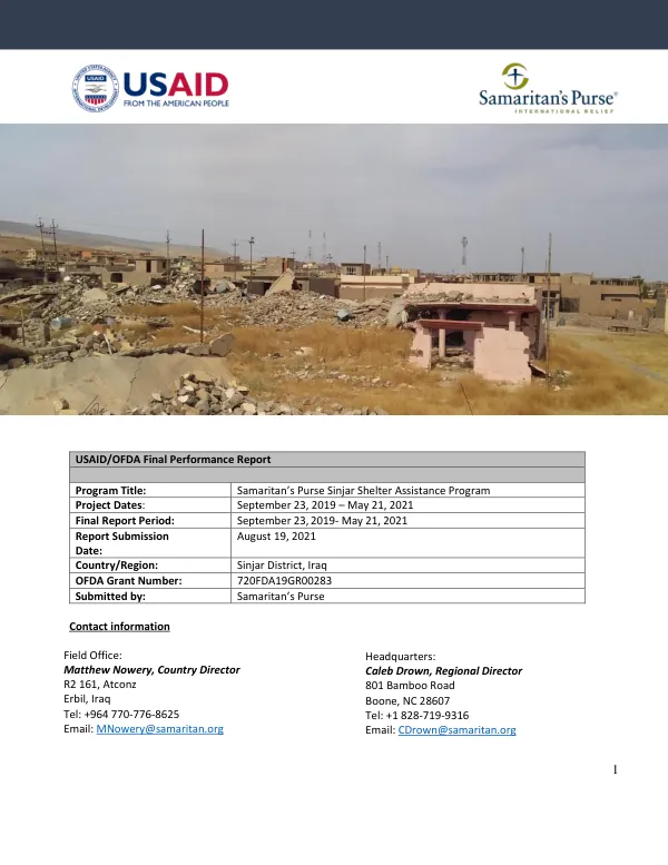 USAID/OFDA final performance report : Samaritan’s Purse Sinjar shelter assistance program