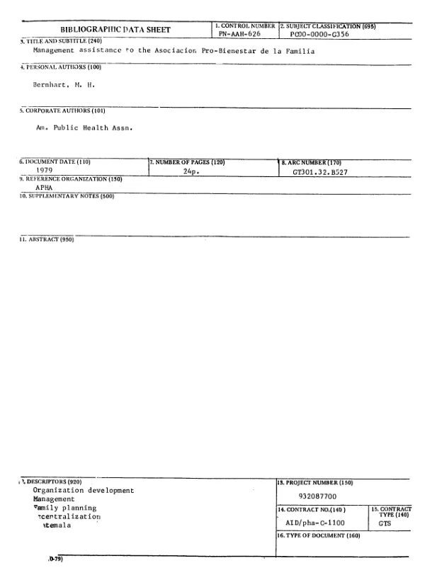 MANAGEMENT ASSISTANCE TO THE ASOCIACION PRO-BIENESTAR DE LA FAMILIA