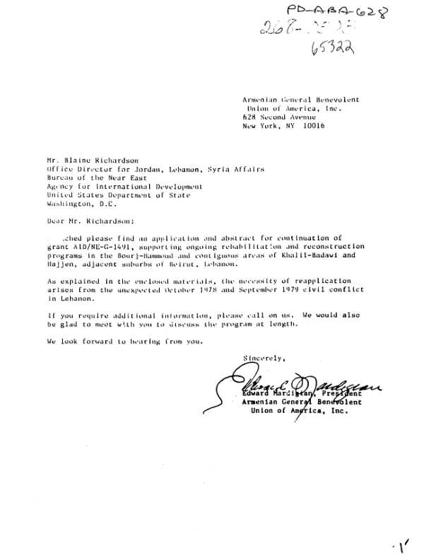 Grant reapplication, grant AID/NE-G-1491 : application of Armenian General Benevolent Union and supporting organizations for US Government grants to aid the people of Lebanon in the Bourj-Hammoud area