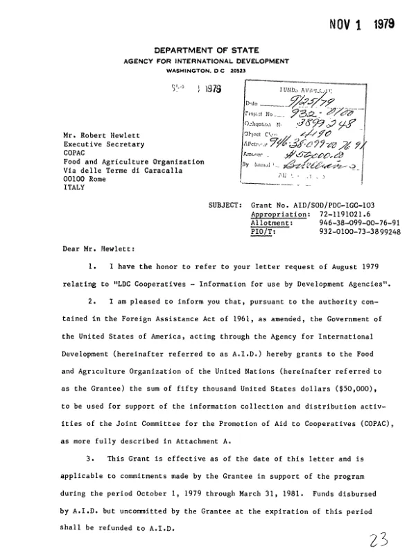 AID grant no. AID/SOD/PDC-IGC-103 to the Food and Agriculture Organization of the United Nations for information collection and distribution activities of the Joint Committee for the Promotion of Aid to Cooperatives (COPAC)