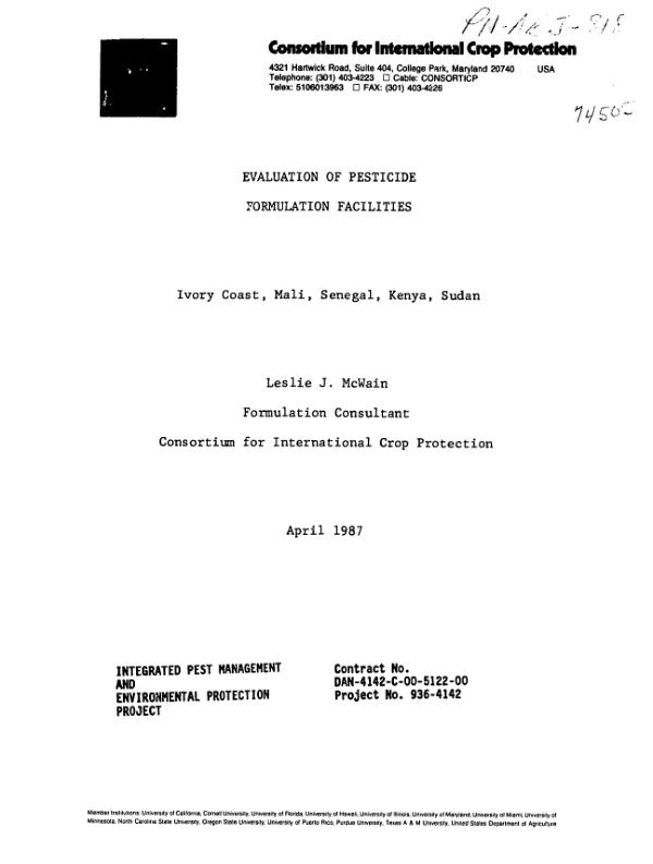 Evaluation of pesticide formulation facilities : Ivory Coast, Mali, Senegal, Kenya, Sudan