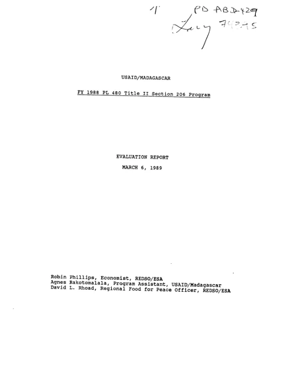 USAID/Madagascar : FY 1988 PL-480 Title II section 206 program -- evaluation report