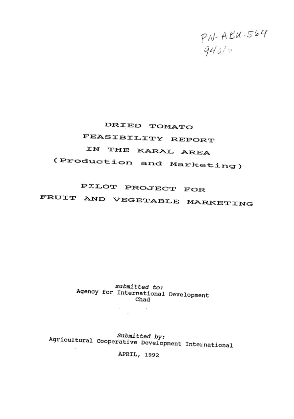 Pilot project for fruit and vegetable marketing : dried tomato feasibility report in the Karal Area (production and marketing)